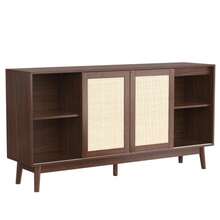 Aparador con 3 puertas correderas en ratán auténtico y 2 cajones, 155 x 38 x 80 cm, transpirable, estable y versátil. - Marrón - Ver 9