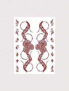 1张棕色防水花朵海娜纹身贴纸，女士专用，手部假纹身，婚礼派对节日临时纹身 - 酒紅色 - 查看 12