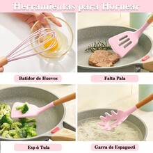 Juego de 34 utensilios de cocina de silicona resistentes al calor con mangos ergonómicos de madera, fáciles de limpiar y antiadherentes. - Rosa - Ver 9