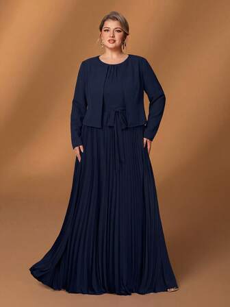 Faeriesty 大码女士优雅藏蓝色两件套正式礼服套装 - 短袖开衫、无袖系腰连衣裙、及地百褶裙 | 适合派对、婚礼宾客、正式聚会、盛大晚宴