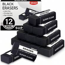 Black Erasers, 12 Pack Block Pencil Erasers U2013 Smudge - Latex - Art Erasers Adults Artists, Clean Erase School, Homework, Office Drawing - 黑色 - 查看 1