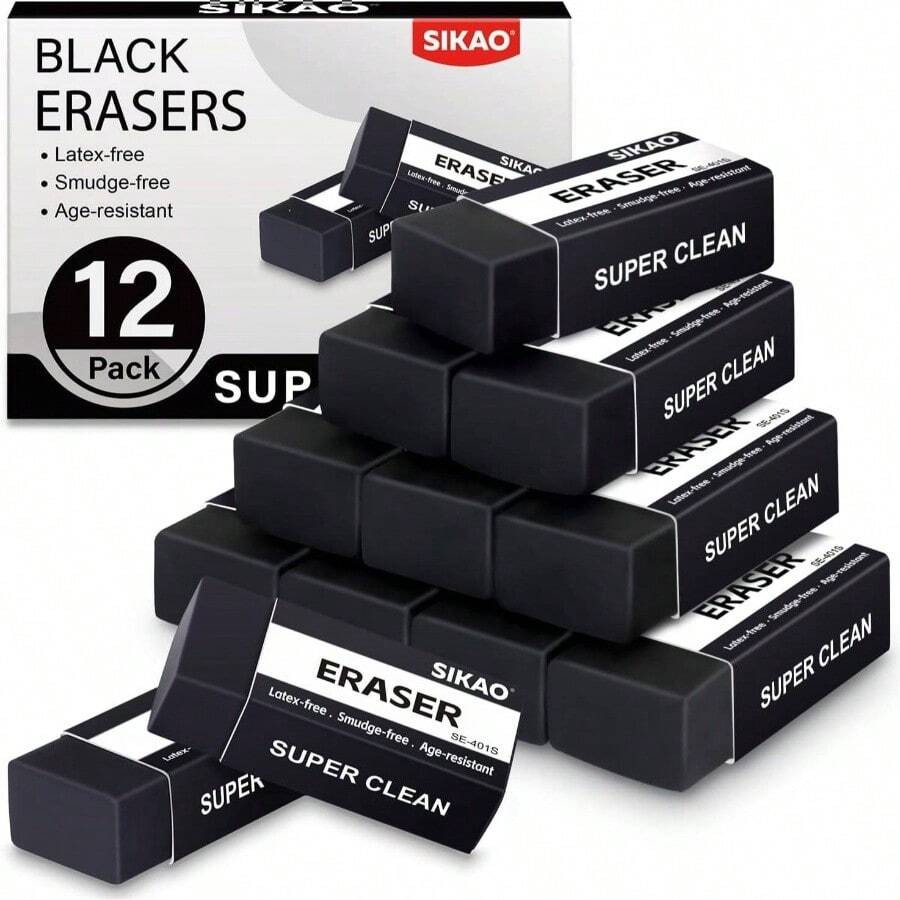 Black Erasers, 12 Pack Block Pencil Erasers U2013 Smudge - Latex - Art Erasers Adults Artists, Clean Erase School, Homework, Office Drawing - 黑色 - 查看 1