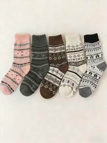 1双/5双女士新款秋冬厚款保暖复古几何图案袜子，男女情侣款，时尚百搭中筒袜