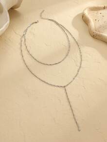 Layered Y-Shaped Double Strand Necklace For Women, Minimalist & Versatile, Elegant For Parties & Gatherings - Silver - View 4