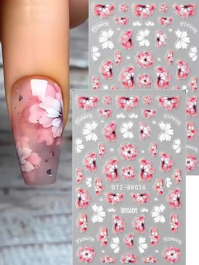 2 pièces Autocollants d'art pour ongles avec fleurs roses épanouies, pétales en relief superposés, design floral élégant à plusieurs pétales, style à glisser, convient pour les ongles de mariage, les ongles de printemps/été, pour les femmes et les filles, peut être utilisé comme fournitures pour ongles cadeaux