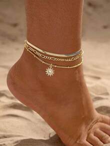 3件套女士脚链套装，波西米亚风夏季海滩度假叠戴款，镀金费加罗链、扁平蛇骨链、串珠链、铜镶嵌锆石向日葵多层脚链套装，叠戴脚链配饰礼品 - 金黃色 - 查看 5