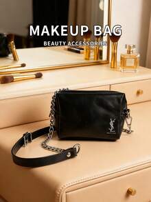 黑色方形链条包，经典Logo设计，DIY手工改造包，复古高端腋下/肩背包，奢华女士手提包 - 黑色 - 查看 4