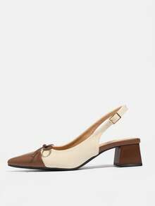 Brown Versatile Color Block Pointed Toe Chunky Heel Pumps, New 2025 Korean Version Metal Buckle Mid Heel Mary Jane Shoes, Elegant Women's Shoes Suitable For Daily, Shopping, Vacation, Party, Banquet, Bowknot High Heels, Fashion Chunky Heel Shoes, Valentine's Day Women's High Heels, Short Heels Women's Shoes - Brown - View 7