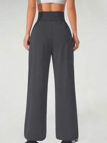 Women's Solid Color High Waisted Pleated Pocket Wide Leg Sports Pants, Comfortable Sports Wide Leg High Waisted Casual Pants, Often Casual In Spring, Autumn, And Winter - Xám - Xem 3