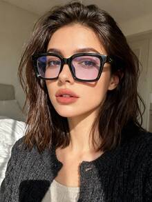 1pc European & American Fashion Square Clear Lens Rivet Street Style Eyeglasses Frame, Business Crossborder Glasses - Bright Black Frame White Film - View 2