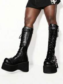 Goth Platform Boots For Women Back To School Punk Motorcycle Boots Mid Calf Round Toe Boots Back Zip Wedges Fall Boots - Đen 2 - Xem 7