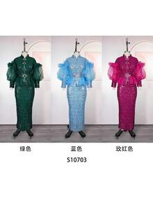 Newly Designed Beadwork Evening Dress For Ladies, African Women's Large-Sized Coat, High-Waisted Dress Set, Two-Piece Set, Goddess Dress, Birthday Party Dress - 綠色 - 查看 5