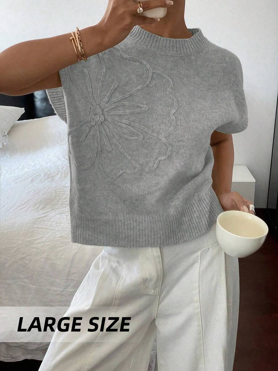 Women's Summer New Gray Embroidered Round Neck Sleeveless Pullover Casual Knit Top, Versatile, Slimming, Minimalist Daily Wear - Grey - View 1