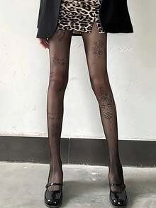 1双黑色透明高品质仿纹身连裤袜 – 前卫艺术花卉图案打底裤 | 适合日常穿搭、约会之夜和派对造型的独特连裤袜 - 彩色 - 查看 4