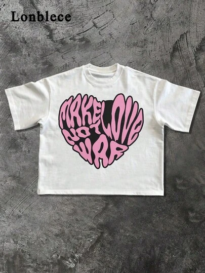 Lonblece 1pc Summer Street Fashion Brand Slogan Print T-Shirt, Letter & Heart Graphic Print Short Sleeve Tee, Suitable For Street Style