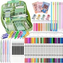 56 PCS Aesthetic Schoolsss Supplies With Large Pencil Case, 24 Double Brush Marker Pens, 5 Black Ink Gel Pens, 6 Macaron Pencils, 4 Sharpeners, Sticky Notes, Ruler, Erasers, Stationery Gift - Green - 查看 2