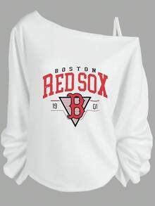 Casual Outfits For Women, Boston Red Sox Logo, Off The Shoulder Long Sleeve Sweatshirt, Sporty Style For Summer, Concert And Everyday Wear-Vacation Outfits Women, Beachwear, Resort Wear, Summer Tops - 白色 - 查看 7