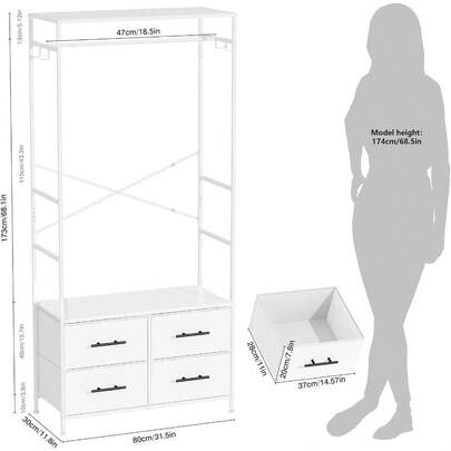 Open Wardrobe, Clothes Rail With Drawers Bedroom, With 4 White Fabric Drawers, 4 Side Hooks And Metal Frame 30Dx 80Wx 172H