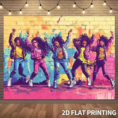 2D Flat, 1 Pc 2D Five Girls Dancing Graffiti Brick Wall Art Style Background Cloth, Party Banner, Creative Hip-Hop Dance Party Music Studio Photography Birthday Celebration Summer Party Online Meeting, 2D Flat