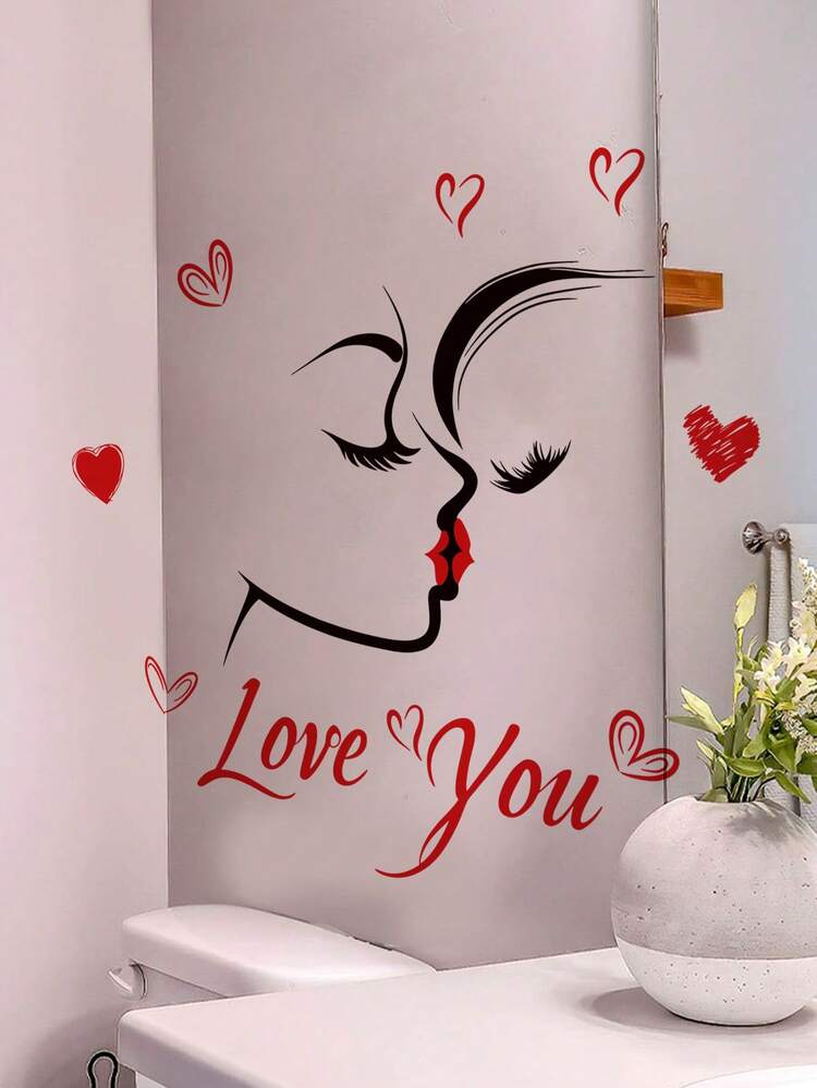 1 件情人节家居装饰墙贴，多尺寸 PVC 自粘可移除墙贴，浪漫心形玫瑰和情侣图案，节日装饰，适用于卧室、客厅、书房、餐厅、浴室、家居墙面装饰、房间装饰等。 - 彩色 - 查看 4
