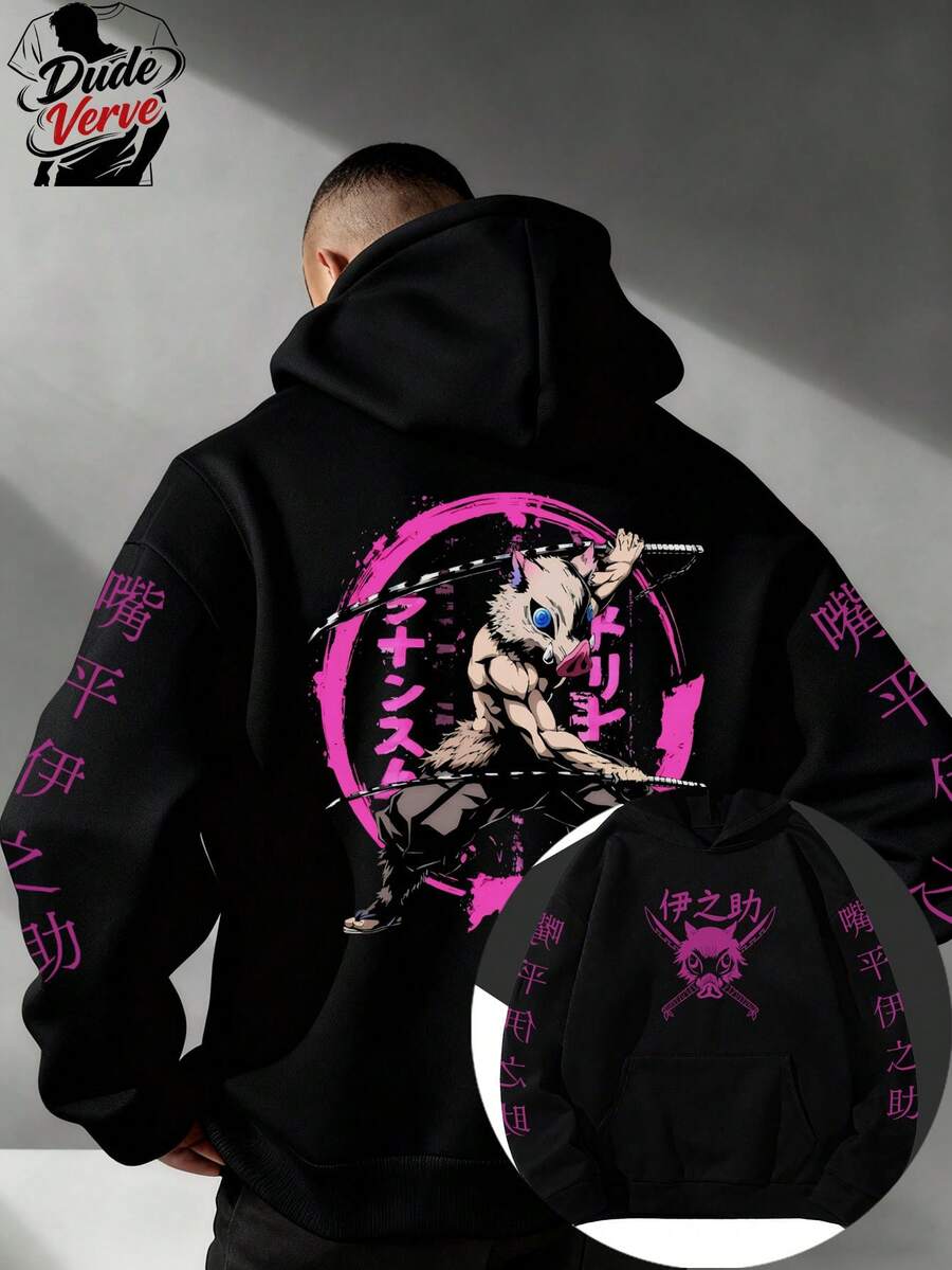 Demon Slayr! This Stylish Anime-Themed Hoodie Features A Double-Sided Print And Is Made Of 250g Polyester. It Seamlessly Blends Anime And Fashion Aesthetics, Creating A Naturally Beautiful And Cool Y2K Style – Simple Yet Creative. This Men's Casual Athletic Hoodie Is An Essential Long-Sleeved Item For Autumn And Winter. Affordable, Comfortable, And Unisex, It's The Perfect Gift For Men. Whether For Everyday Wear, Outdoor Activities, Or Street Style, It's An Ideal Choice And A Wonderful Gift For Friends And Family. - 黑色 - 查看 1
