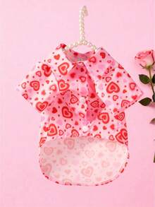 1pc Pet Dog Romantic Stylish Valentine's Day Outfit, Soft & Comfortable/Contrast Heart Print/Designed Short Sleeve Shirt, Suitable For Puppy/Small Dogs In Spring, Summer, Autumn, Valentine's Day Party Wear, Versatile - Pink - View 11