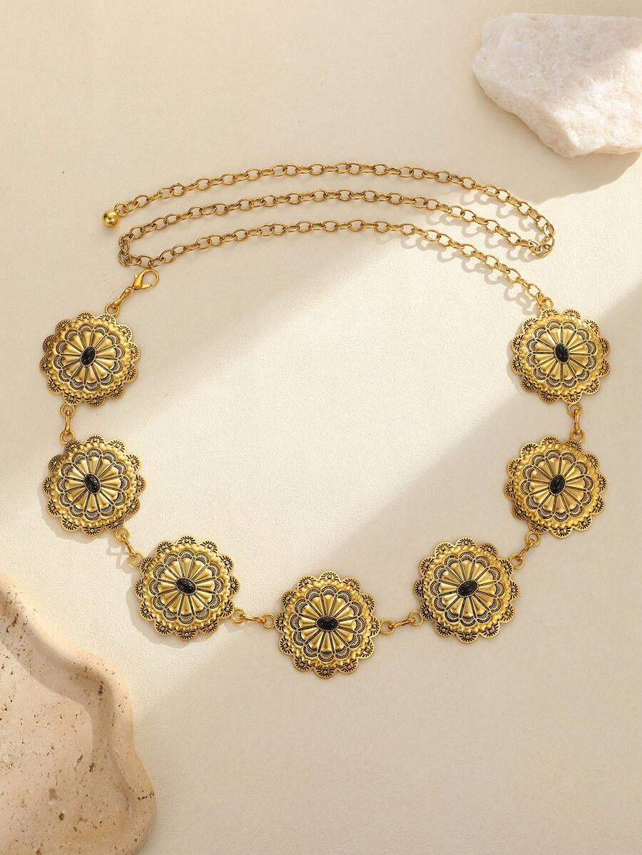 1件复古雕花金属镶嵌黑色宝石锌合金女士腰带/腰链，波西米亚风格，适合日常休闲和派对着装搭配，情人节礼物 - 金黑 - 查看 1