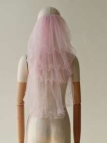 四层浪漫粉色蕾丝边新娘头纱，婚礼及伴娘头纱 - 淺粉色 - 查看 3