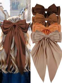 4/1pc Earth Tone Scarf Bow Hair Clip, Large Satin Acetate Ribbon Hair Clip, Suitable For Women And Girls, Collegiate Style, Everyday, Commute, Party, Boho Vacation, Women's Elegant Casual Versatile Hair Accessories, Claw Clips, Hair Slide, Hair Barrettes - Multicolor - View 9
