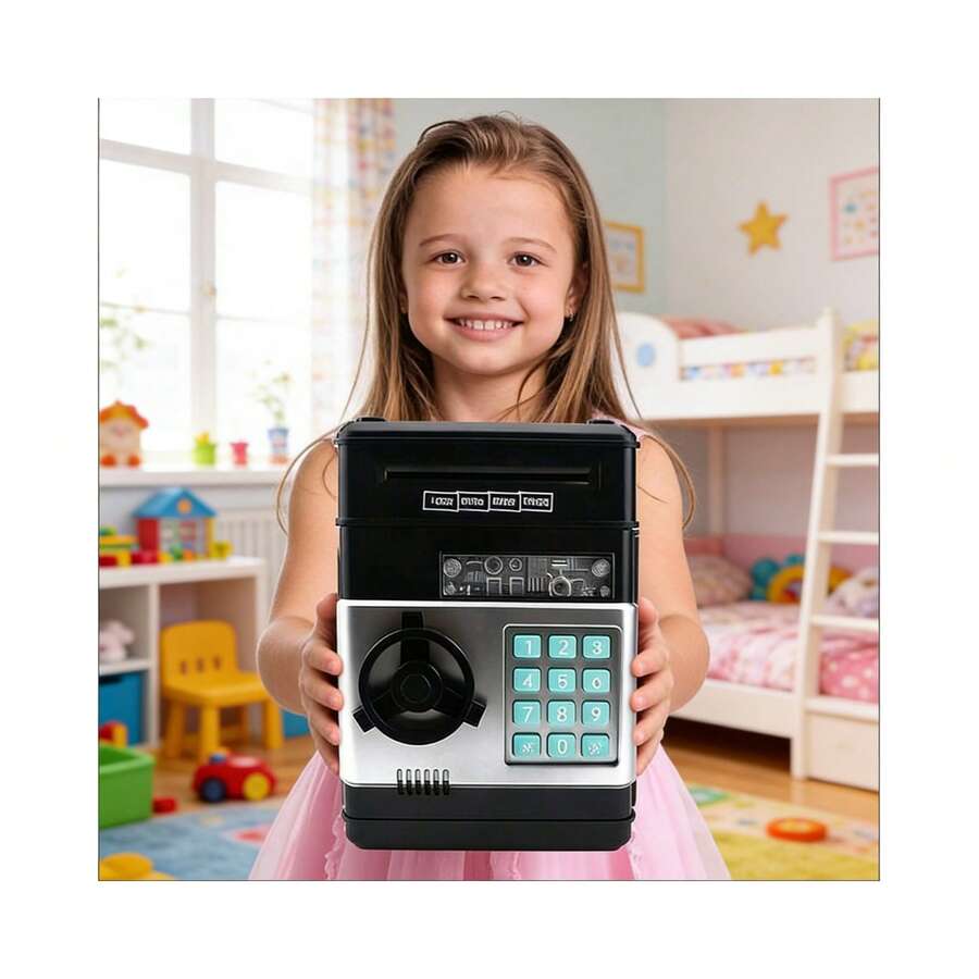 儿童迷你ATM存钱罐，可存现金、硬币和密码，适合男孩女孩，是儿童生日和圣诞节的理想玩具礼物。 - 黑色 - 查看 1