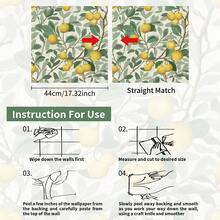 1卷清新柑橘植物自粘墙纸，浅绿色和淡黄色叶子、枝条和果实图案，可移除乙烯基材质，即撕即贴装饰墙贴，复古插画风格墙纸，自然艺术家居装饰贴纸，尺寸17.32 x 393.70英寸，适用于客厅、厨房、卧室、浴室、餐厅、家具翻新，易于安装。 - 彩色 - 查看 9