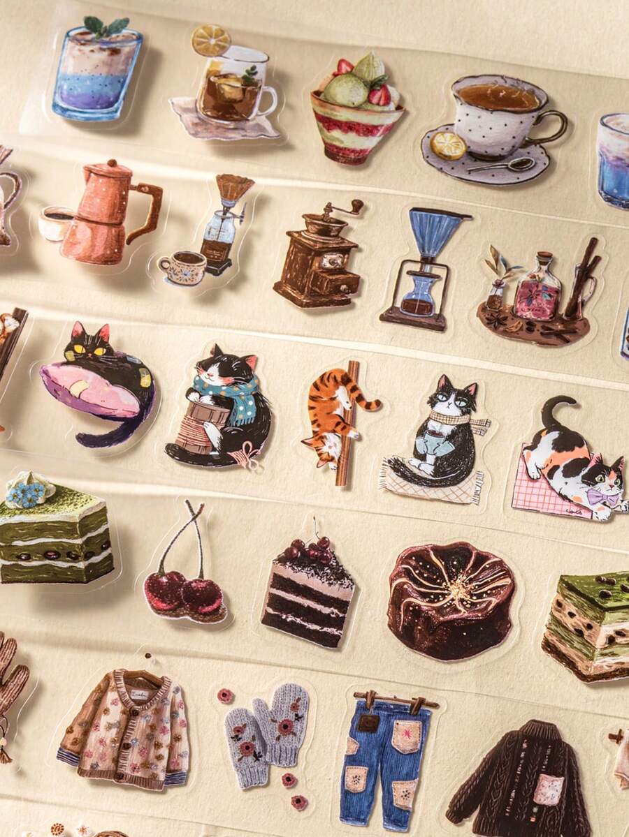 1 Roll Cute Cat & Dessert Themed PET Decorative Tape, Suitable For Scrapbooking, Diary, Photo Album, Craft DIY - Multicolor - View 1