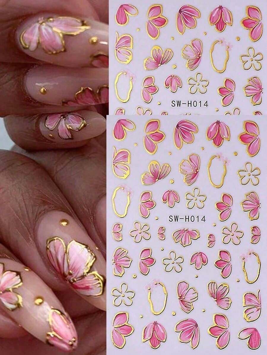 2 PCS Pink Flower Petal 3D Nail Stickers Elegant Flower Gold Edge Line Geometry Designs Nail Art Decals For Acrylic Nails DIY Spring Self-Adhesive Manicure Decoration Supplies-Halloween,Christmas,Fall,Winter, Supplies, ME79 - Nhiều màu 3 - Xem 1