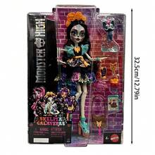 Mattel Monster High 娃娃 Skelita Calaveras，身穿色彩缤纷的剪纸图案连衣裙，配有宠物和 7 件配件，如时尚的贝壳形眼镜、零食和手提包。 - Skelita - 查看 8