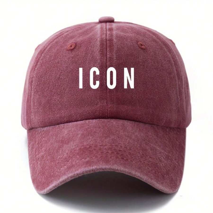 Unisex Fashionable Printed Letter ICON Baseball Cap, Classic Retro Washed Outdoor Lightweight Brimmed Truck Driver Hat For Vacation Travel Camping And Casual, Hiphop Party Daily Commute Duckbill - Crimson - View 1
