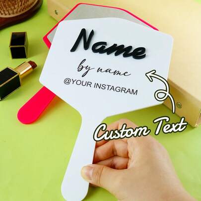 Espelho de mão personalizado com texto, nome e links para redes sociais, acessório de beleza personalizado, presente atencioso para amantes da beleza, espelho moderno para uso diário com alça, presente ideal para aniversários ou outras ocasiões especiais.