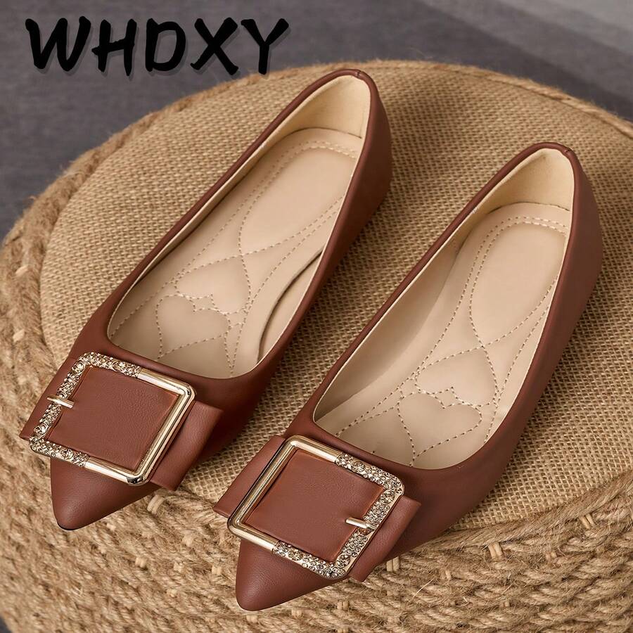 WHDXY Women's Fashionable Brown Pointed Toe Flats With Rhinestone Buckle, Versatile For Commuting And Casual Wear
