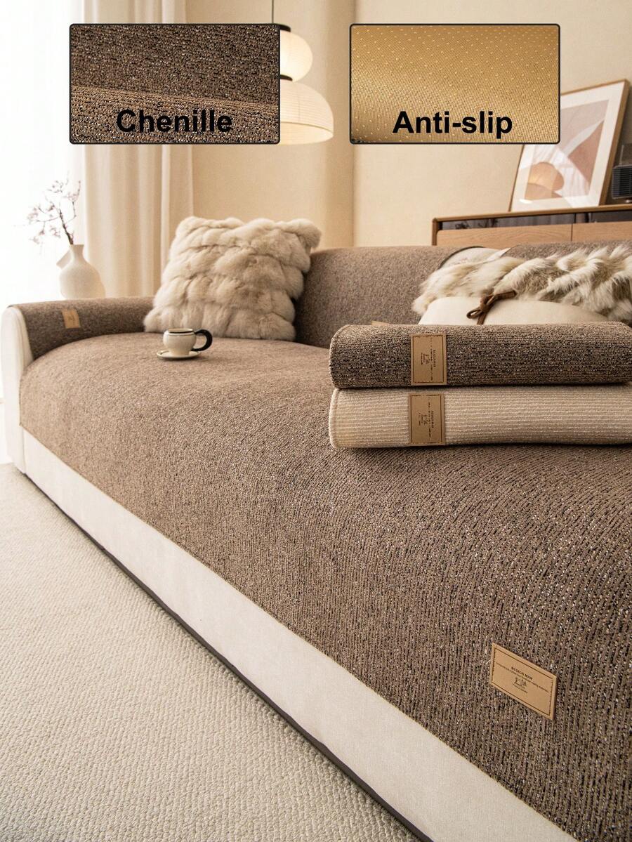 1 Peça Capa de Sofá Premium de Chenille Grossa, Quente para Outono/Inverno, Macia e Amigável à Pele, Lavável em Máquina, Adequada para Animais de Estimação, Resistente à Sujeira e Durável, Adequada para Sofá de 1/2/3/4 Lugares, Braços e Encosto - Caqui - Visão 1