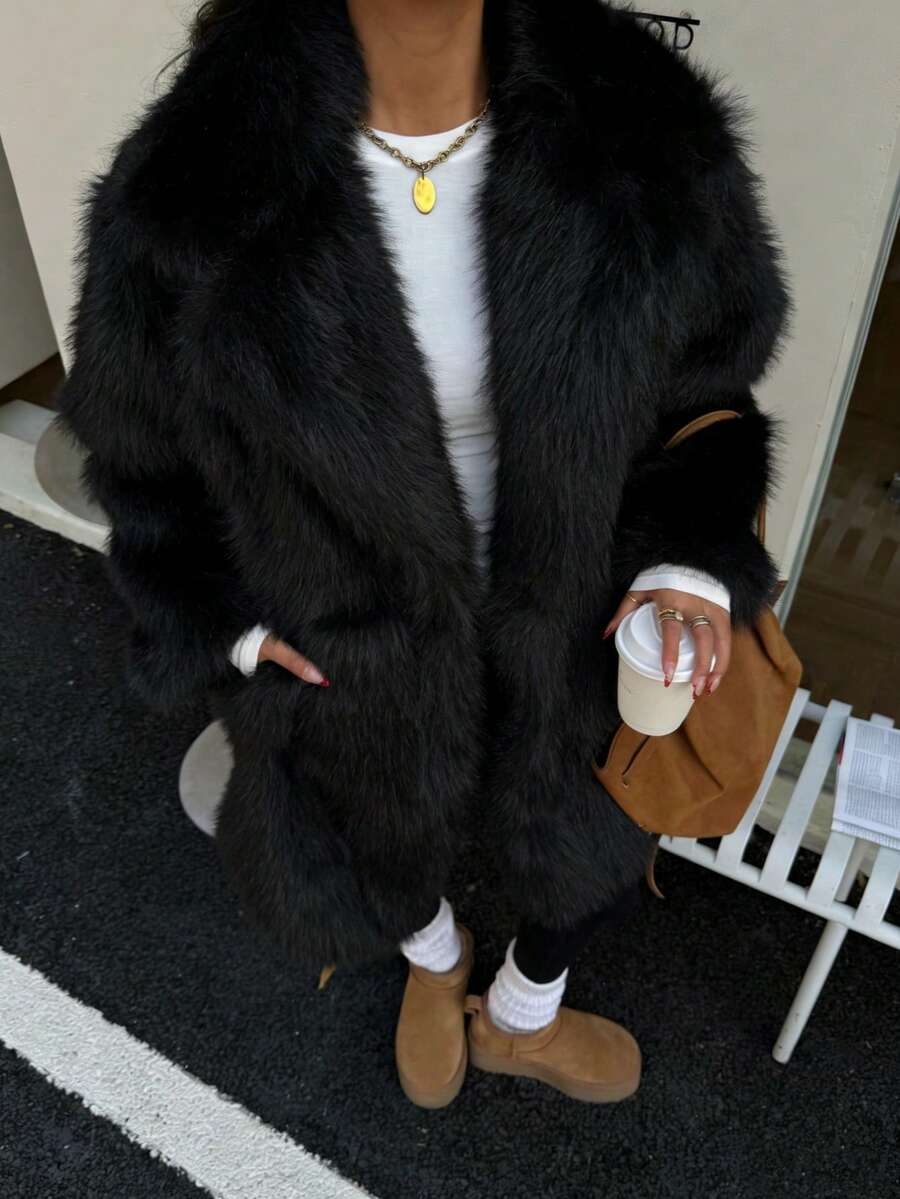 Seelio 女士仿皮草超大款外套，温暖舒适，欧美风，冬季新款黑色度假风 - 黑色 - 查看 1