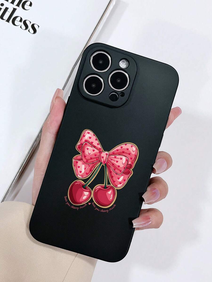 1pc Matte Texture Black Perforated Anti-Drop TPU Painted Heart, Cherry, Bow Pattern Phone Case Compatible With IPhone 15/15 Pro/15 Plus/15 Pro Max/16/16 Pro/16 Plus/16 Pro Max, Galaxy S23 Ultra/A14/A24, Android Phones Redmi Note 12 Pro - Multicolor - View 1