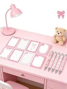 16pcs White & Pink Bow Theme Stationery Set, Includes Bow Pocket Notebook, Sticky Notes, Ballpoint Pen & Mini Notebook, Bow Theme Party Gift, Suitable For Butterfly Theme Baby Shower, Birthday Party & Office Supplies - Pink - View 5