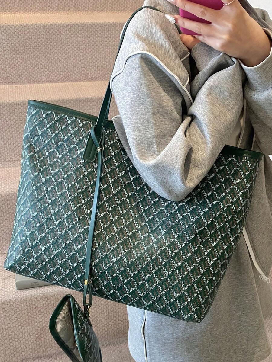 2pcs/Set 2026 New Fashion Patchwork Tote Bag, Large Capacity Travel Bag, Shopping Bag, Suitable For Women, Daily Use, Back To School Students, Vacation, Holiday, Date, Gift - 綠色 - 查看 1