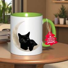 2025 New MoReusableel Black Cat On Crescent Moon Ceramic Coffee Mug - Reusable Cup With White & Black Contrast Design, Durable Ceramic Construction, Hand-Wash Only, Ideal For Hot/Cold Drinks, Perfect Gift For Coffee Lovers - màu xanh lá - Xem 3