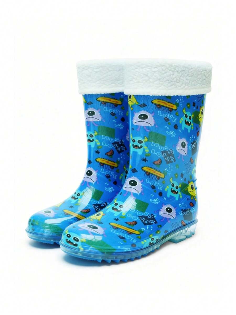 Botas de media pantorrilla para mujer, botas de nieve con estampado de dibujos animados lindos y ribete desmontable de piel sintética, zapatos de estilo casual diario - Celeste - Ver 1