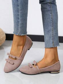 女士纯色蝴蝶结尖头绒面玛丽珍鞋，优雅学院风，四季皆宜 - 卡其色 - 查看 4