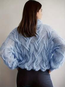 女士镂空针织衫，半高领透视针织上衣，宽松舒适套头衫，适合早春和秋季穿着，营造浪漫氛围 - 薄荷藍 - 查看 2