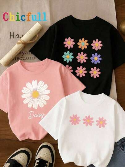 Kit 3 camisetas infantil e juvenil para meninas com estampas minimalista e casual de florzinhas 100%algodão blusa para meninas ,  primavera verão