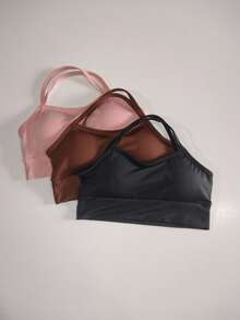 Set Of 3 Cropped Gym Tops With Thin Straps In An X-Shaped Design, Zero Transparency, With Removable Padding, Ref. 890 - Black Brown Rose - View 2