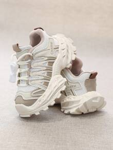 1 Pair Kids' Mecha Chunky Sneakers, Mesh Breathable, Boys/Girls Thick Sole Shock Absorbing Anti-Slip Toddler Athletic Shoes, Fashionable Casual Running Shoes - Beige - View 4