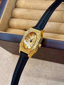 1pc New Vintage French Engraved Gold-Tone Small Dial Ladies' Wrist Watch, Elegant & Fashionable, Delicate & Compact, Waterproof Quartz Movement, Soft & Comfortable Strap, Suitable For Daily Wear, Formal Events, And Accessorizing Your Wrist. - Gold - View 3